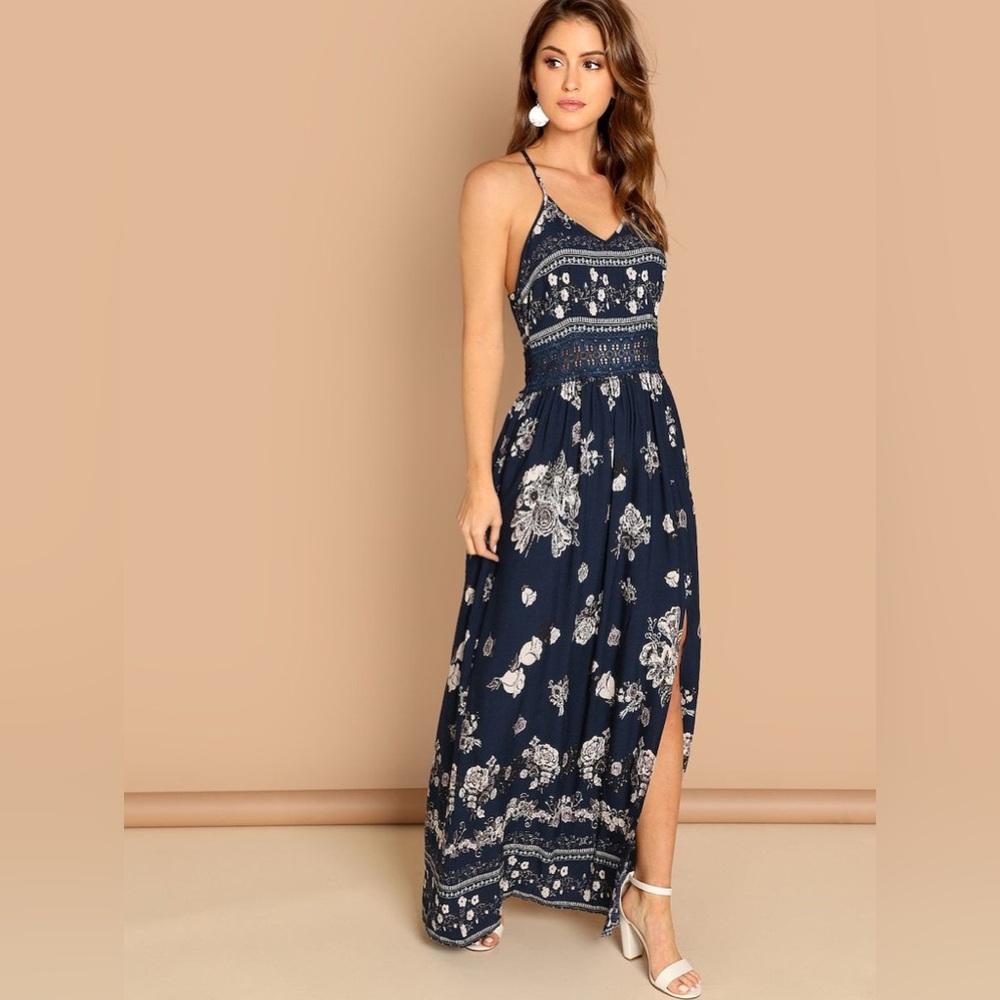 Navy and White Floral Maxi Dress - Size: S